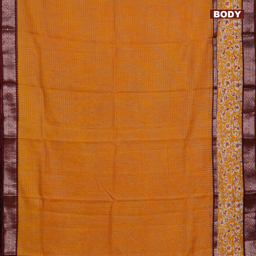 Assam silk saree mango yellow and deep maroon with allover zari checked pattern and rettapet zari woven floral printed border