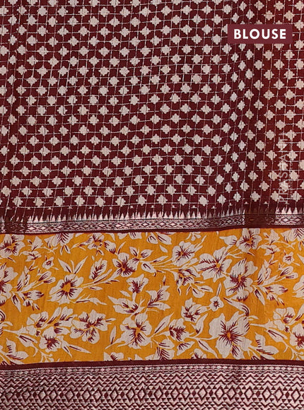 Assam silk saree mango yellow and deep maroon with allover zari checked pattern and rettapet zari woven floral printed border