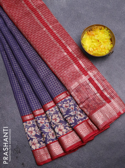 Assam silk saree blue and red with allover zari checked pattern and rettapet zari woven floral printed border