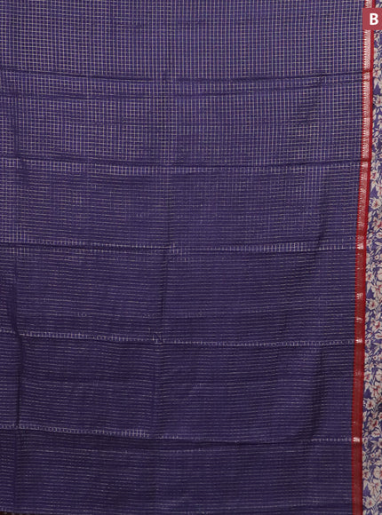 Assam silk saree blue and red with allover zari checked pattern and rettapet zari woven floral printed border