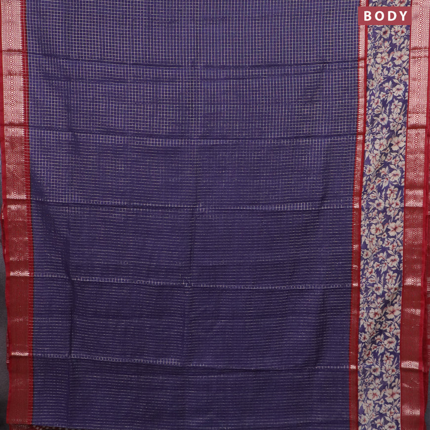 Assam silk saree blue and red with allover zari checked pattern and rettapet zari woven floral printed border