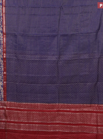 Assam silk saree blue and red with allover zari checked pattern and rettapet zari woven floral printed border