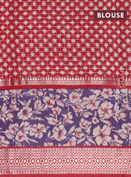 Assam silk saree blue and red with allover zari checked pattern and rettapet zari woven floral printed border