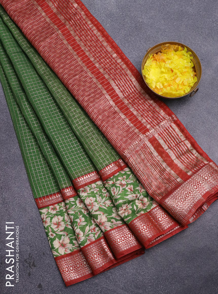 Assam silk saree green and red with allover zari checked pattern and rettapet zari woven floral printed border