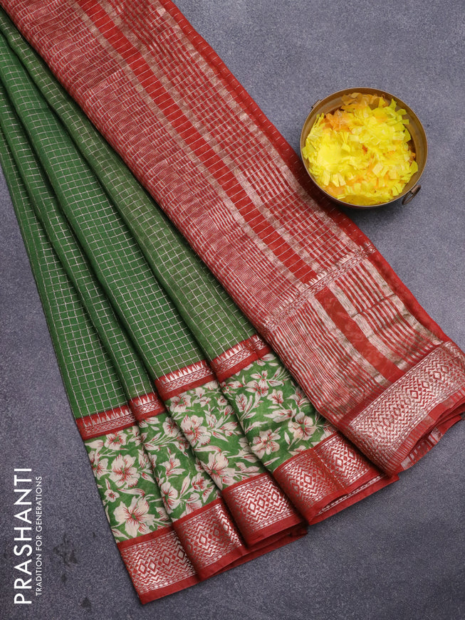 Assam silk saree green and red with allover zari checked pattern and rettapet zari woven floral printed border