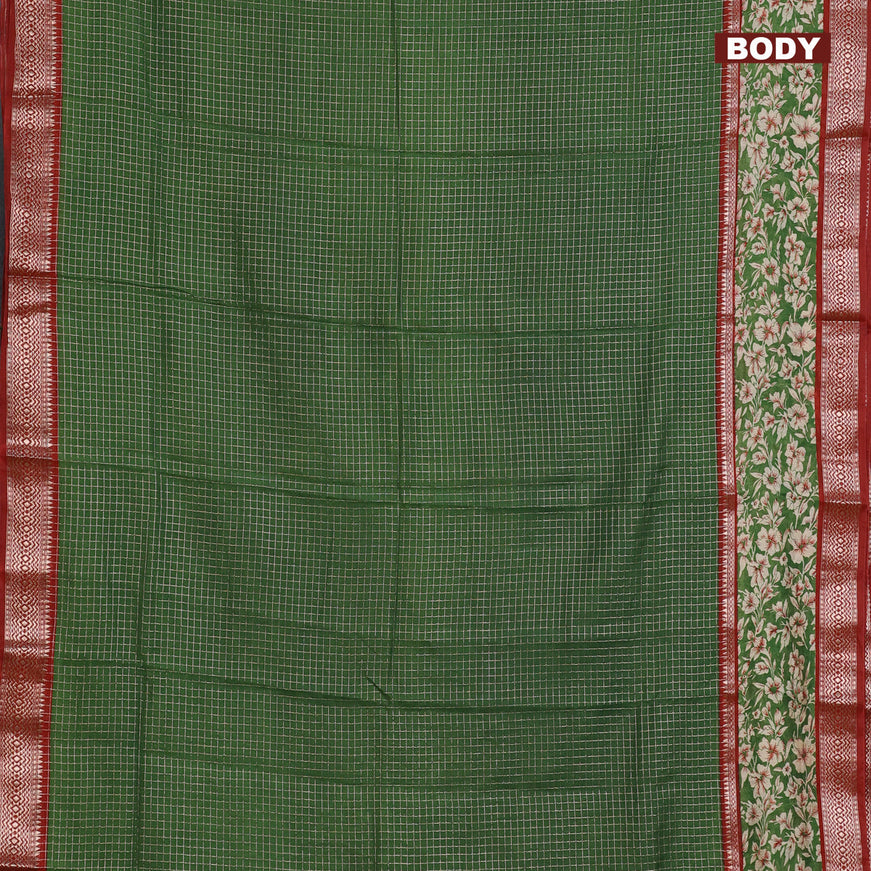 Assam silk saree green and red with allover zari checked pattern and rettapet zari woven floral printed border