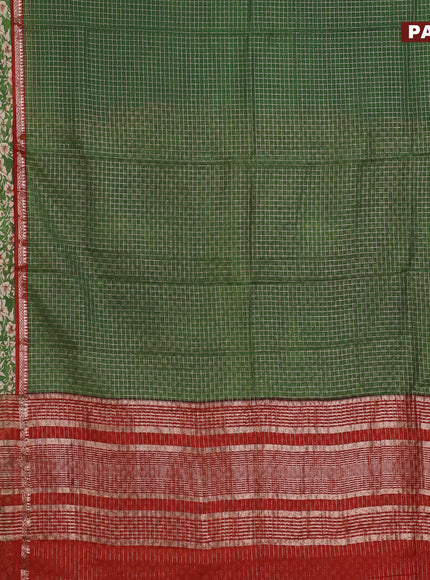 Assam silk saree green and red with allover zari checked pattern and rettapet zari woven floral printed border