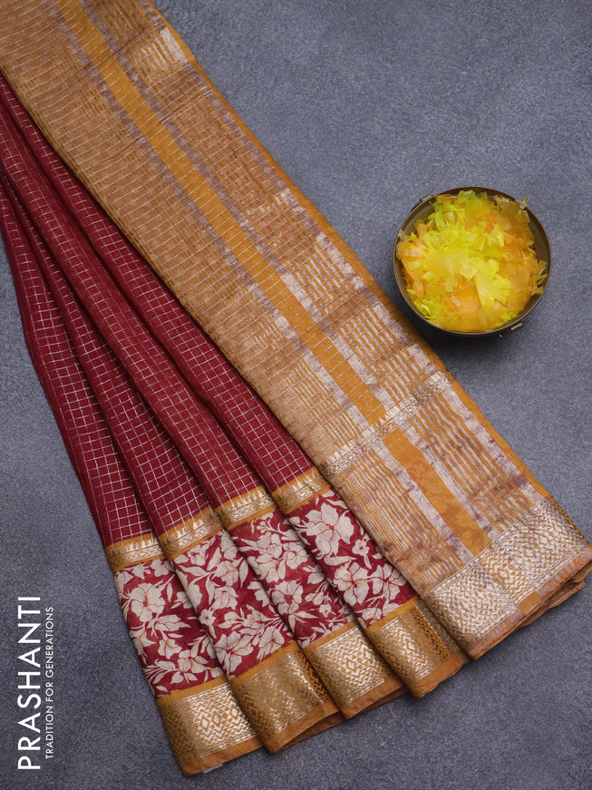 Assam silk saree red and mango yellow with allover zari checked pattern and rettapet zari woven floral printed border