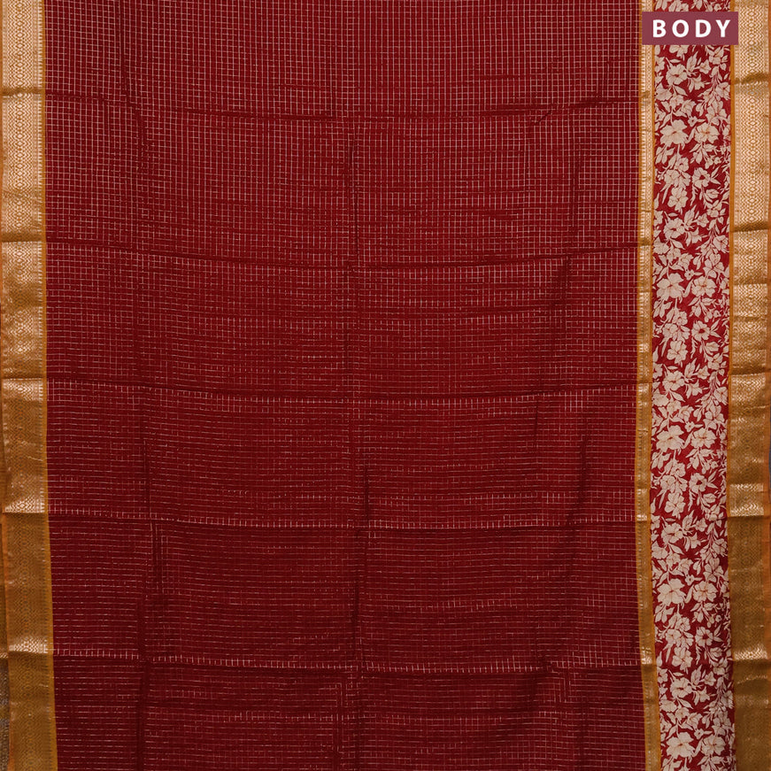 Assam silk saree red and mango yellow with allover zari checked pattern and rettapet zari woven floral printed border