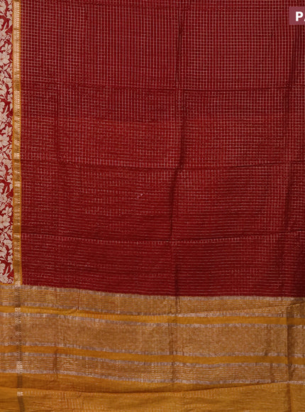 Assam silk saree red and mango yellow with allover zari checked pattern and rettapet zari woven floral printed border