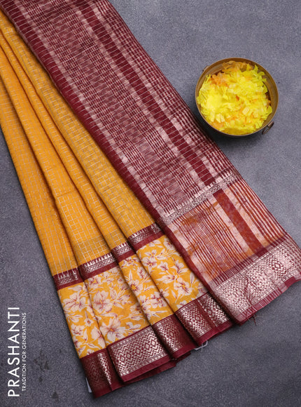 Assam silk saree mustard yellow and maroon with allover zari checked pattern and rettapet zari woven floral printed border