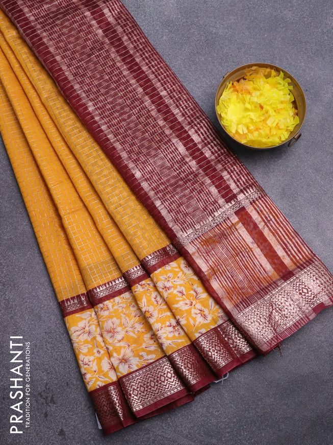 Assam silk saree mustard yellow and maroon with allover zari checked pattern and rettapet zari woven floral printed border