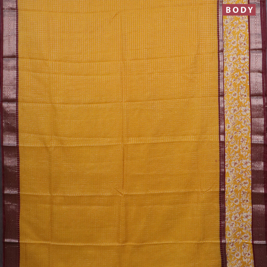 Assam silk saree mustard yellow and maroon with allover zari checked pattern and rettapet zari woven floral printed border