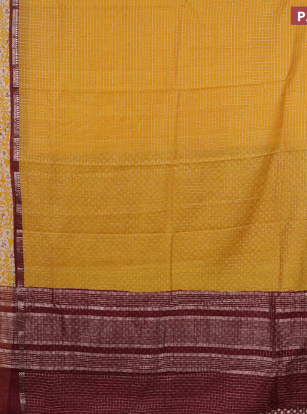 Assam silk saree mustard yellow and maroon with allover zari checked pattern and rettapet zari woven floral printed border