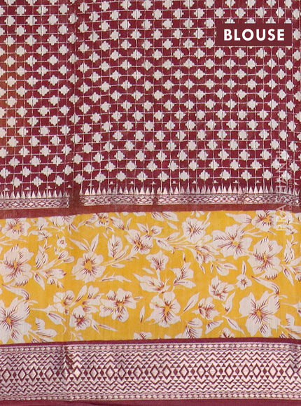 Assam silk saree mustard yellow and maroon with allover zari checked pattern and rettapet zari woven floral printed border