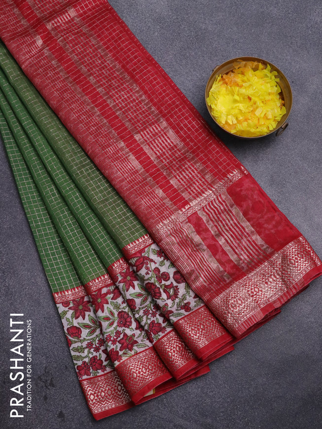 Assam silk saree green and red with allover zari checked pattern and rettapet zari woven floral printed border