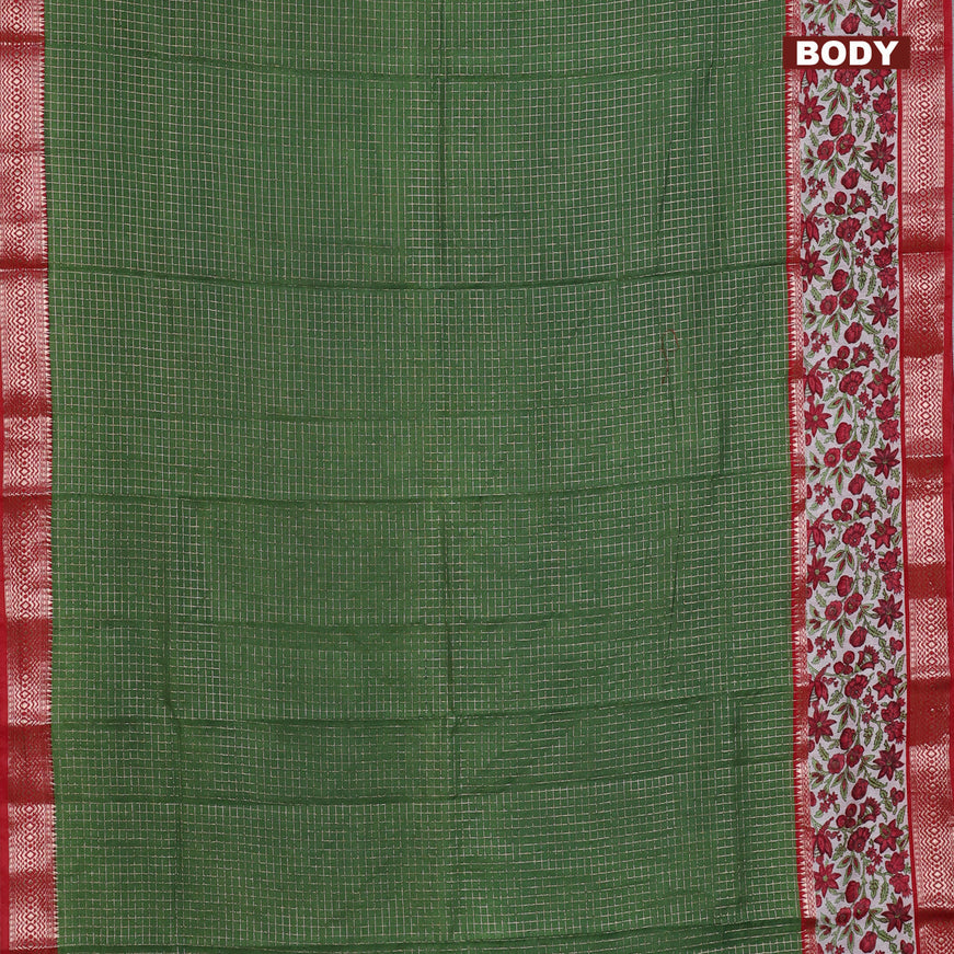 Assam silk saree green and red with allover zari checked pattern and rettapet zari woven floral printed border