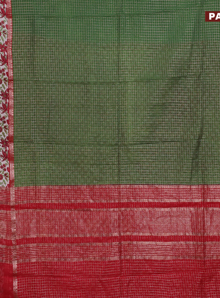 Assam silk saree green and red with allover zari checked pattern and rettapet zari woven floral printed border