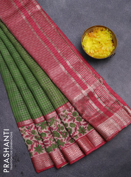 Assam silk saree green and red shade with allover zari checked pattern and rettapet zari woven floral printed border