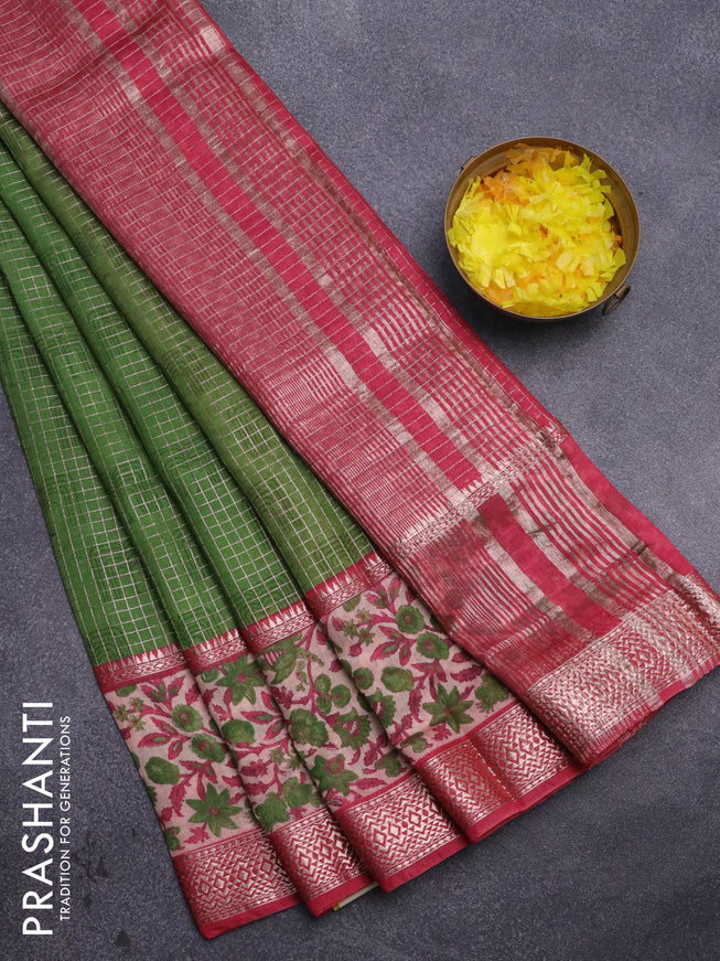 Assam silk saree green and red shade with allover zari checked pattern and rettapet zari woven floral printed border