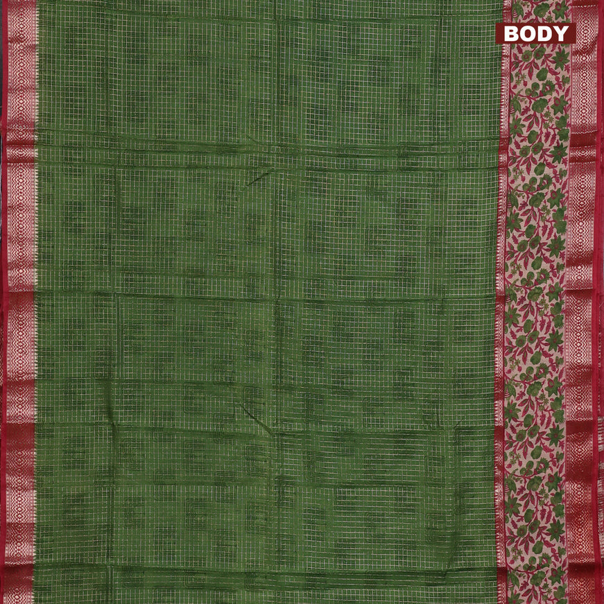 Assam silk saree green and red shade with allover zari checked pattern and rettapet zari woven floral printed border