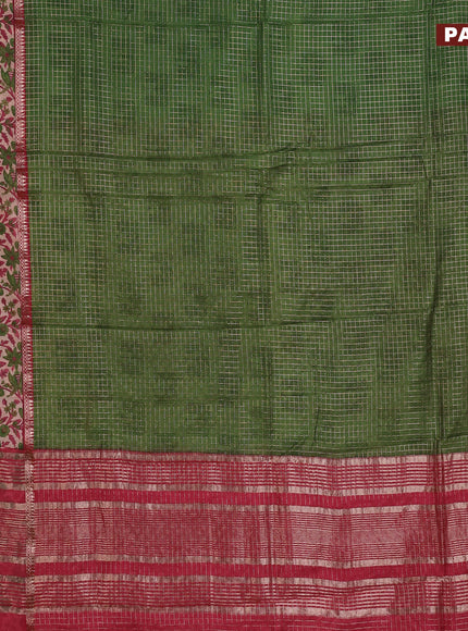 Assam silk saree green and red shade with allover zari checked pattern and rettapet zari woven floral printed border