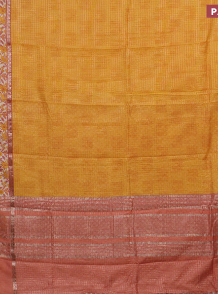 Assam silk saree mango yellow and rust shade with allover zari checked pattern and rettapet zari woven floral printed border