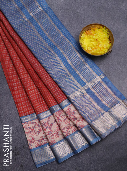 Assam silk saree orange and blue with allover zari checked pattern and rettapet zari woven kalamkari printed border