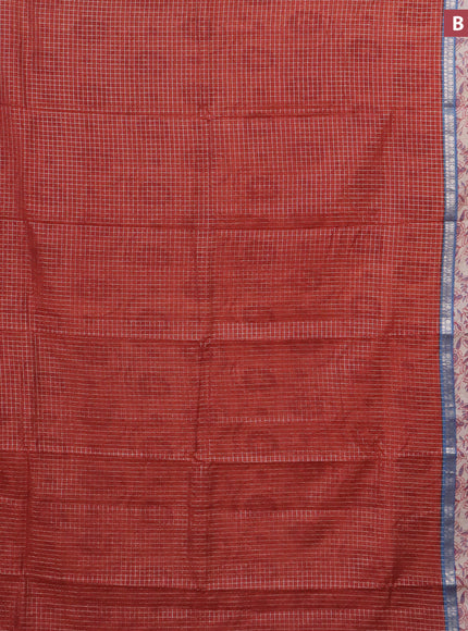 Assam silk saree orange and blue with allover zari checked pattern and rettapet zari woven kalamkari printed border