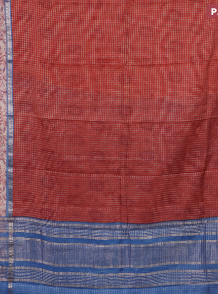 Assam silk saree orange and blue with allover zari checked pattern and rettapet zari woven kalamkari printed border