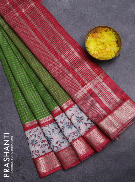 Assam silk saree green and red shade with allover zari checked pattern and rettapet zari woven kalamkari printed border