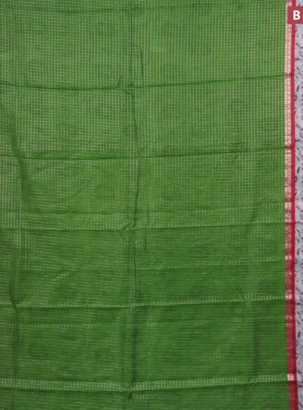 Assam silk saree green and red shade with allover zari checked pattern and rettapet zari woven kalamkari printed border