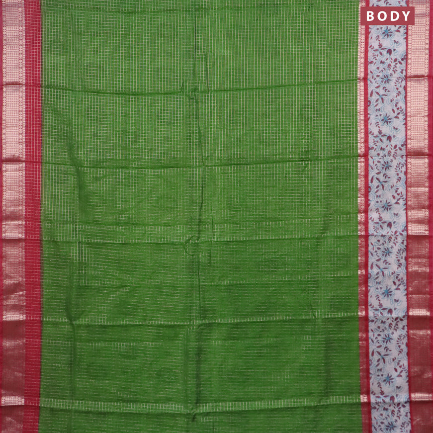 Assam silk saree green and red shade with allover zari checked pattern and rettapet zari woven kalamkari printed border