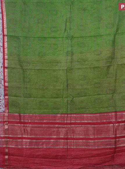 Assam silk saree green and red shade with allover zari checked pattern and rettapet zari woven kalamkari printed border