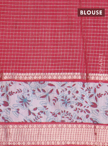 Assam silk saree green and red shade with allover zari checked pattern and rettapet zari woven kalamkari printed border