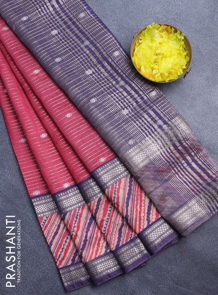 Assam silk saree pink and blue with allover zari strips and rettapet zari woven printed border