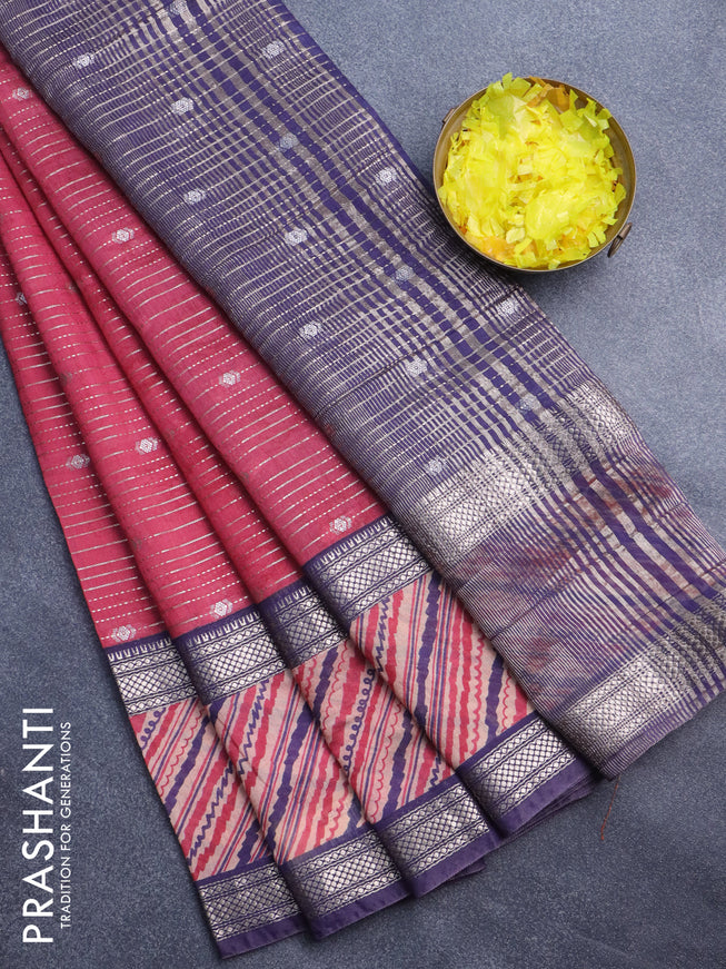 Assam silk saree pink and blue with allover zari strips and rettapet zari woven printed border