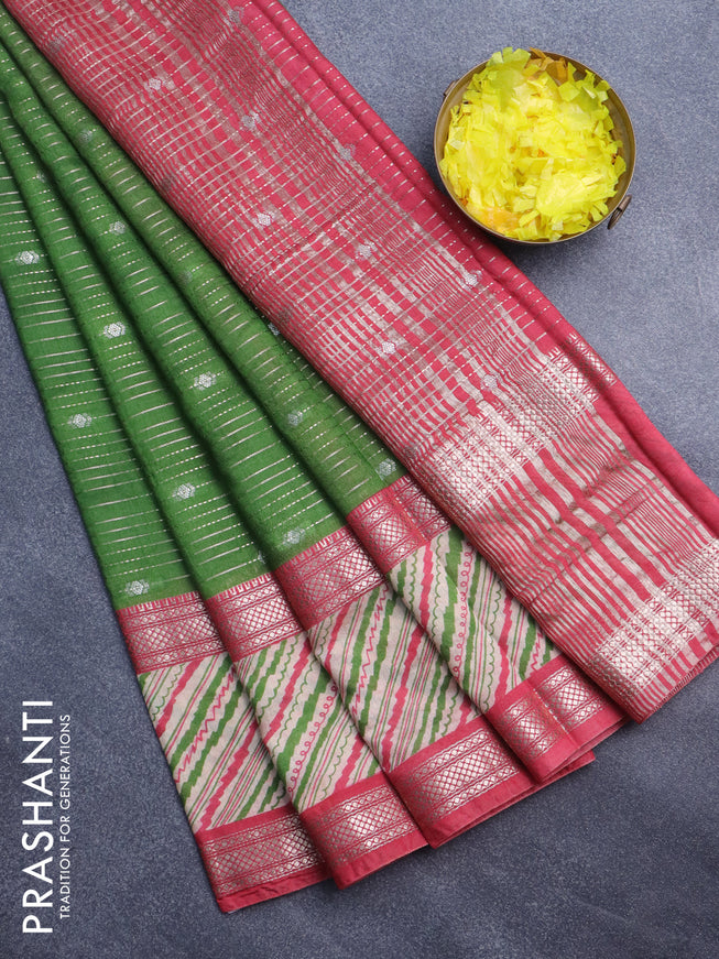 Assam silk saree green and pink with allover zari strips and rettapet zari woven printed border