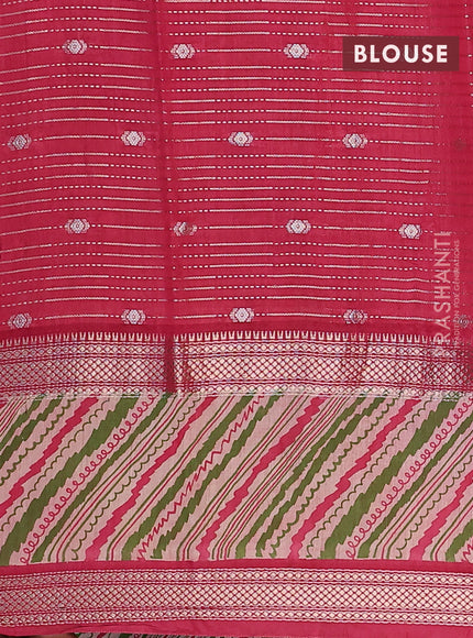 Assam silk saree green and pink with allover zari strips and rettapet zari woven printed border