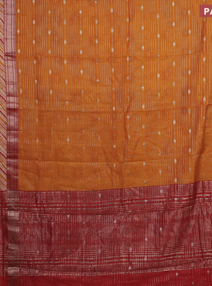 Assam silk saree mango yellow and rust shade with allover zari strips and rettapet zari woven printed border