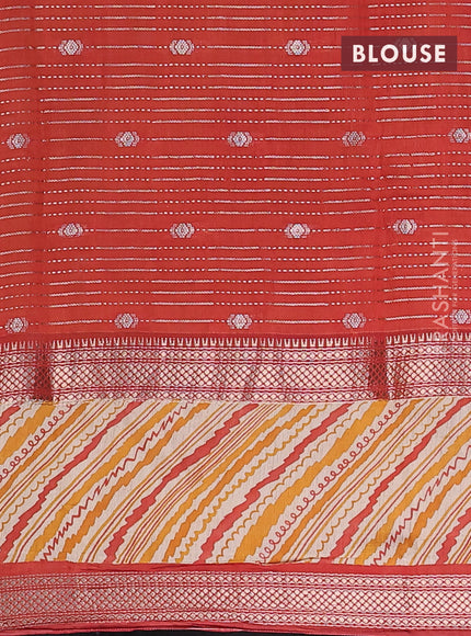 Assam silk saree mango yellow and rust shade with allover zari strips and rettapet zari woven printed border