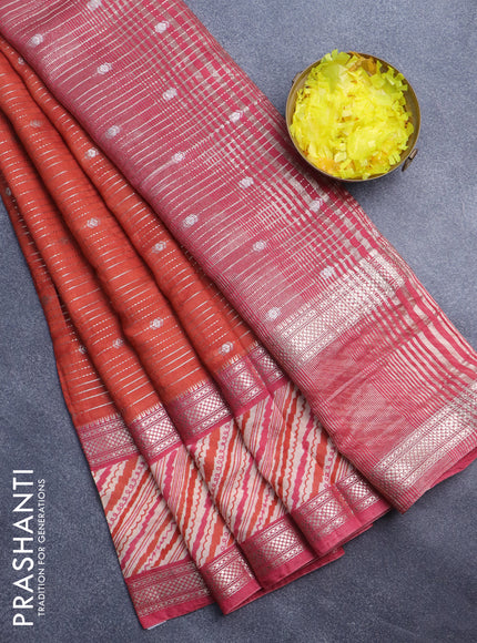 Assam silk saree orange and pink with allover zari strips and rettapet zari woven printed border