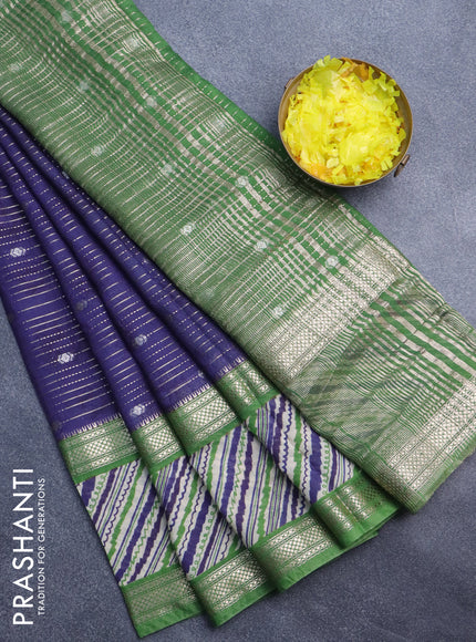 Assam silk saree blue and green with allover zari strips and rettapet zari woven printed border