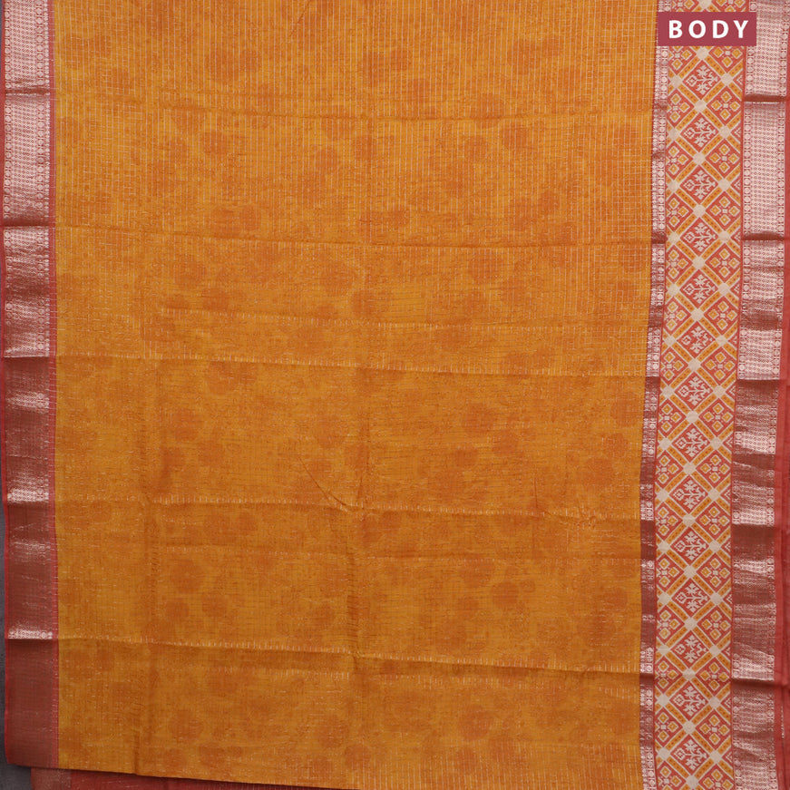 Assam silk saree mango yellow and rust shade with allover zari checked pattern and rettapet zari woven ikat printed border