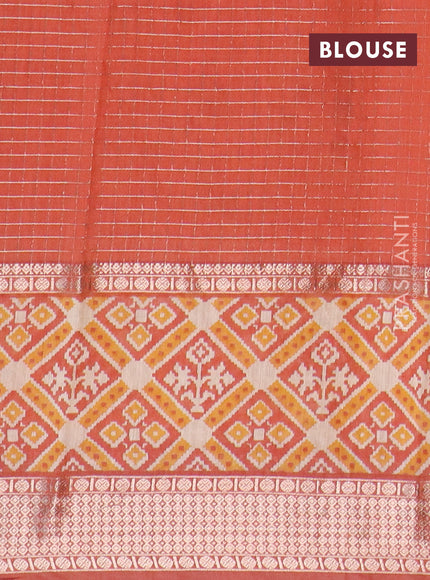 Assam silk saree mango yellow and rust shade with allover zari checked pattern and rettapet zari woven ikat printed border