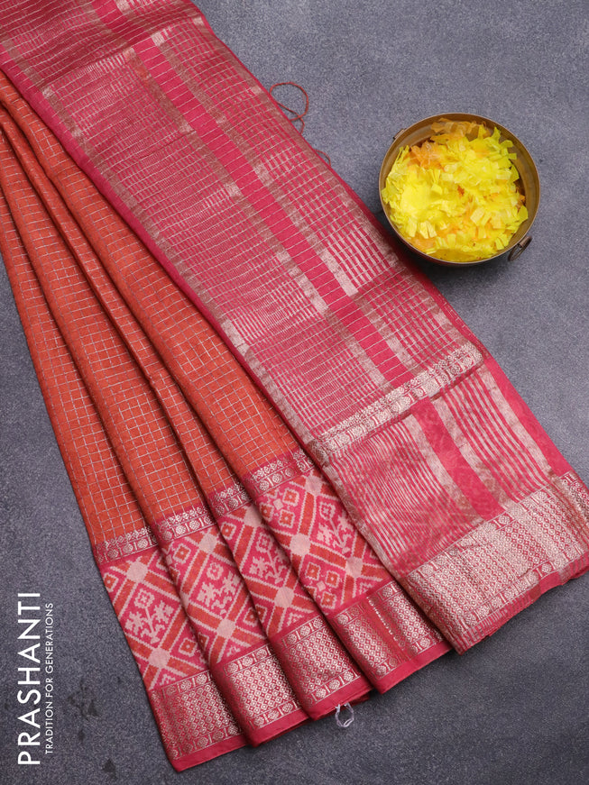 Assam silk saree orange and pink with allover zari checked pattern and rettapet zari woven ikat printed border