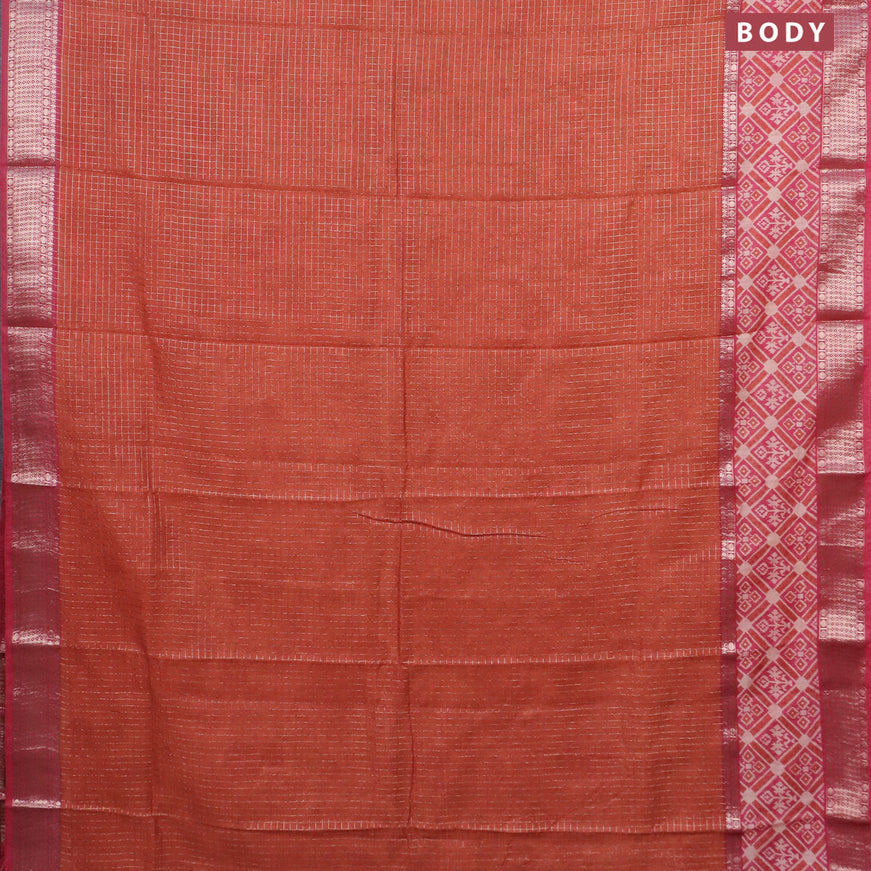 Assam silk saree orange and pink with allover zari checked pattern and rettapet zari woven ikat printed border