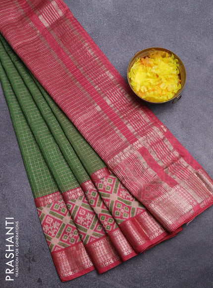 Assam silk saree green and pink with allover zari checked pattern and rettapet zari woven ikat printed border