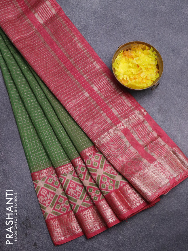 Assam silk saree green and pink with allover zari checked pattern and rettapet zari woven ikat printed border