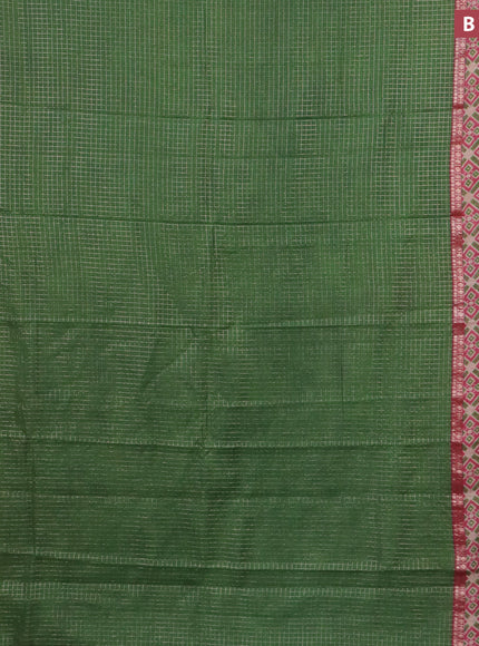 Assam silk saree green and pink with allover zari checked pattern and rettapet zari woven ikat printed border